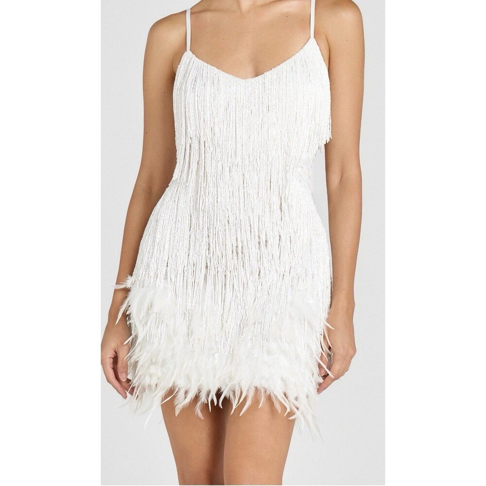 Nadine Merabi Women’s Lottie White Beaded Feathers Wedding Dress Size 4 / S
